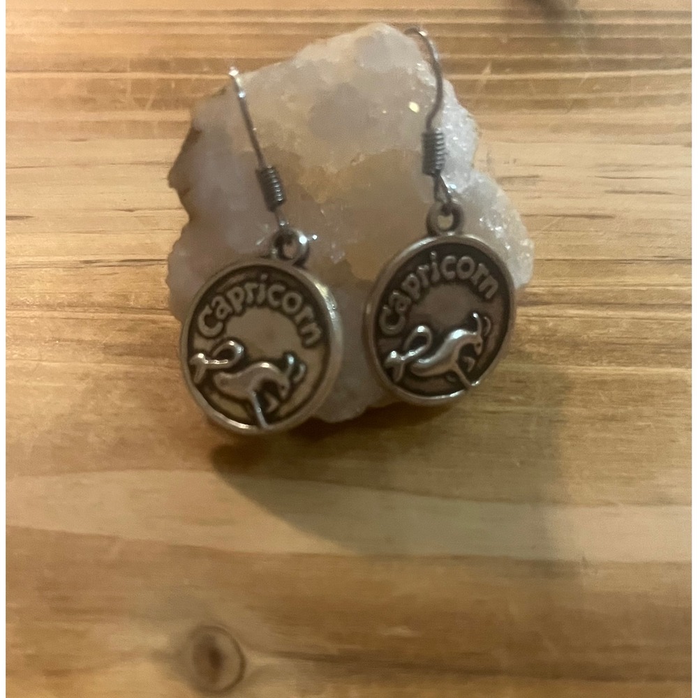 Antique Silver Capricorn Goat Zodiac Sign Stamped Metal Earrings-Boho -Gift -New - Picture 6 of 11